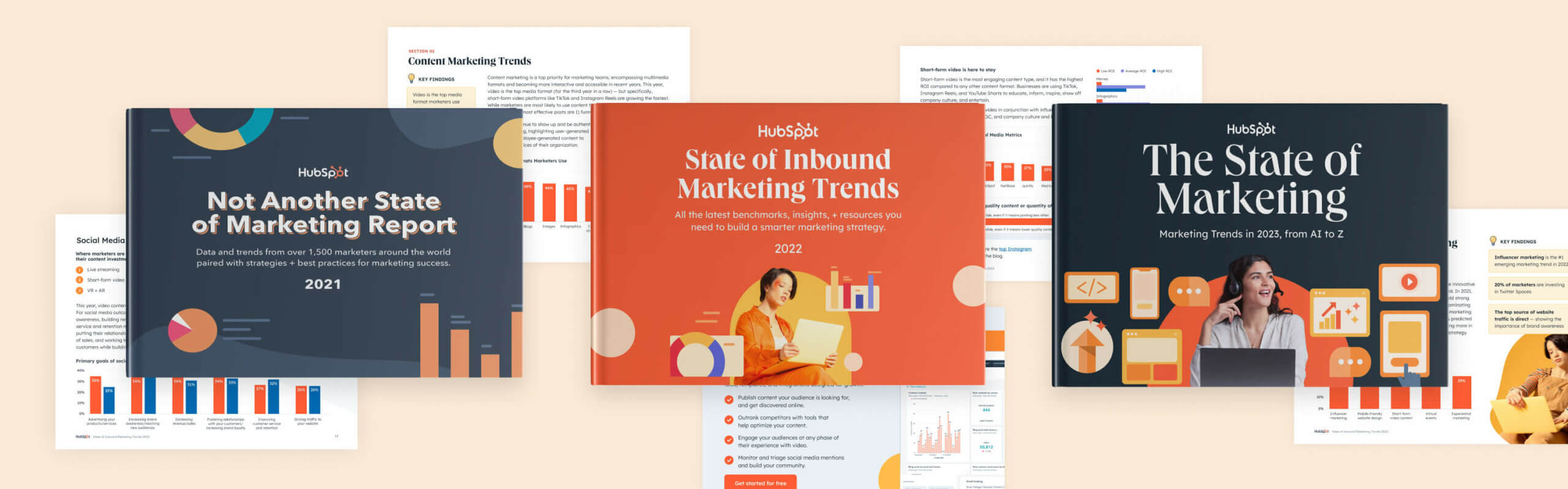 Cover and interior pages of three HubSpot marketing reports, once from 2021, 2022, and 2023 